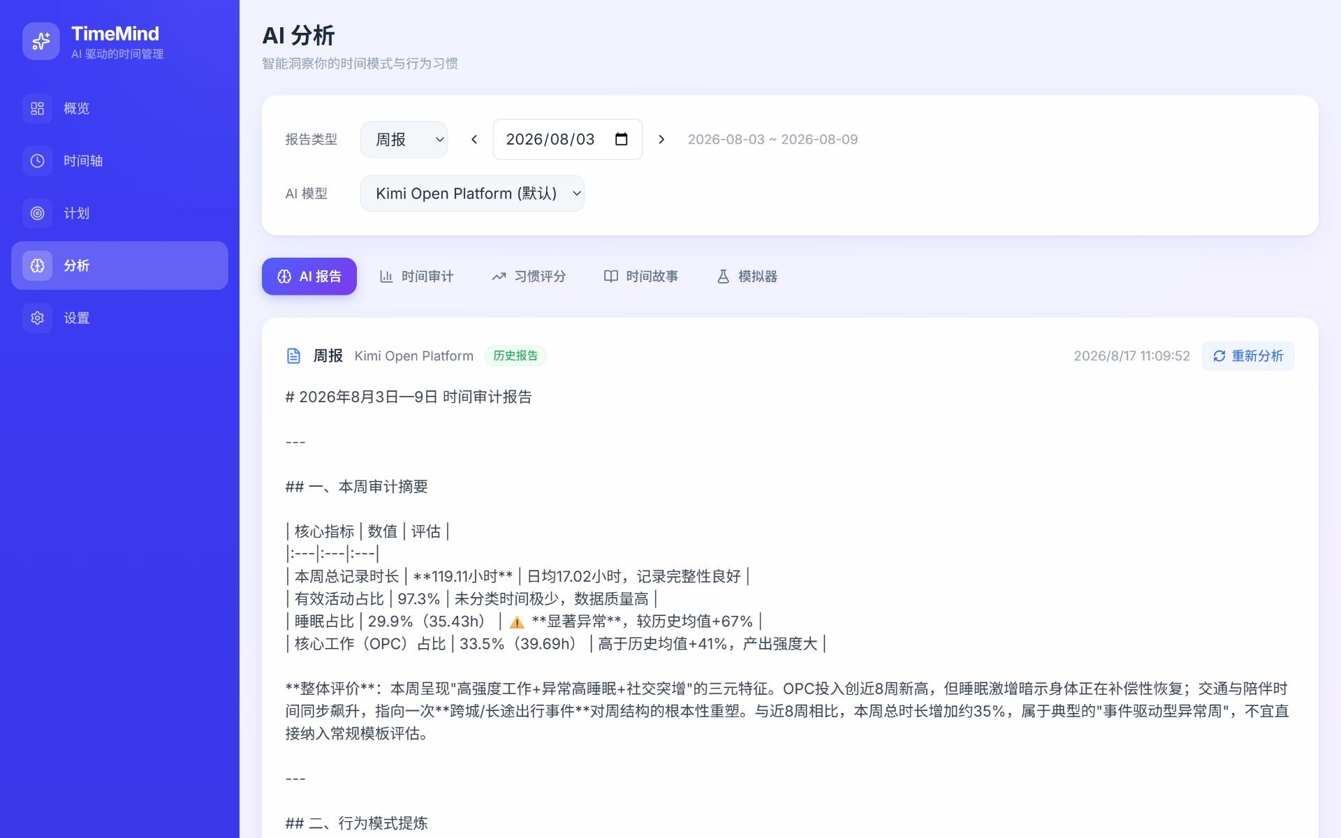 TimeMind AI 分析报告前端截图
